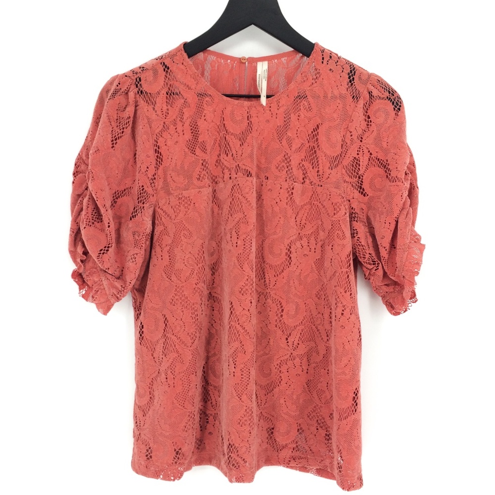ANTHROPOLOGIE Parvati Lace Pink Ruched Short Sleeves Top Size M